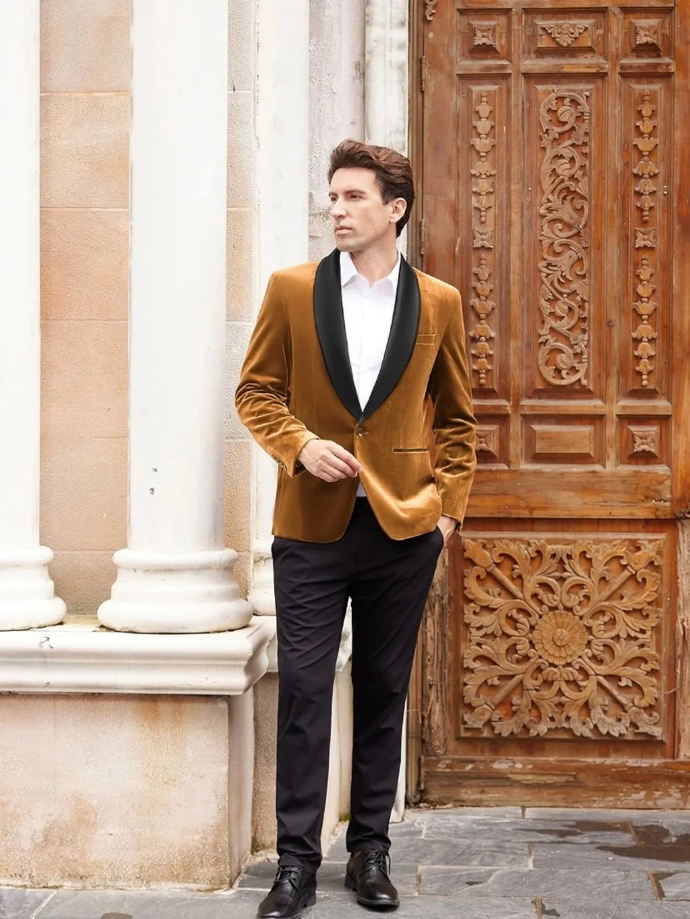 Grace Karin Gold Velvet Blazer with Black Satin Shawl Lapel